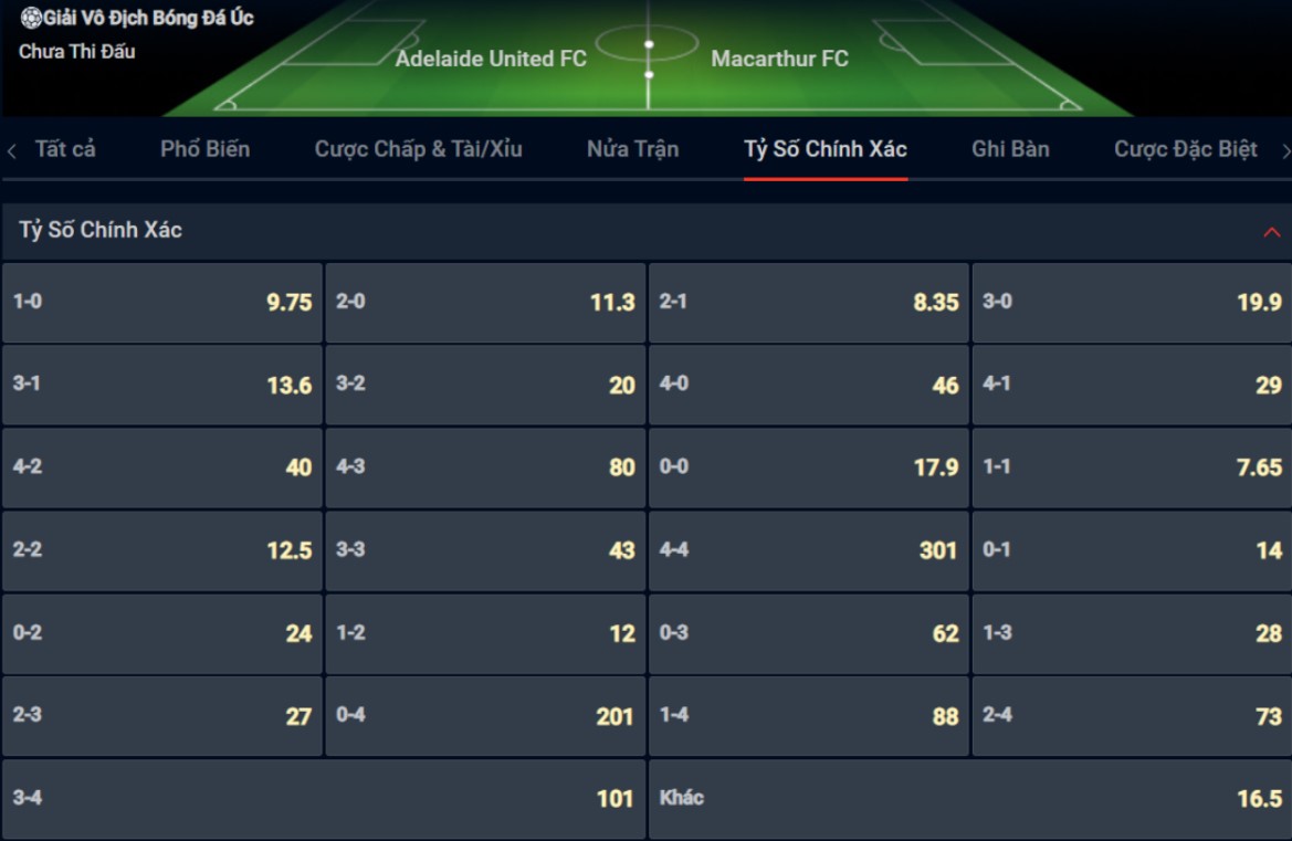 Bạn lựa chọn tỷ số nào cho cặp đấu giữa Adelaide United vs Macarthur FC?