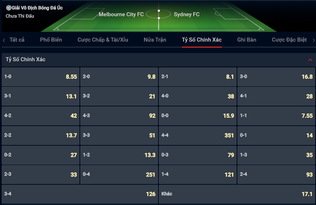 Bạn lựa chọn tỷ số nào cho cặp đấu giữa Melbourne City vs Sydney? Bạn lựa chọn tỷ số nào cho cặp đấu giữa Melbourne City vs Sydney?