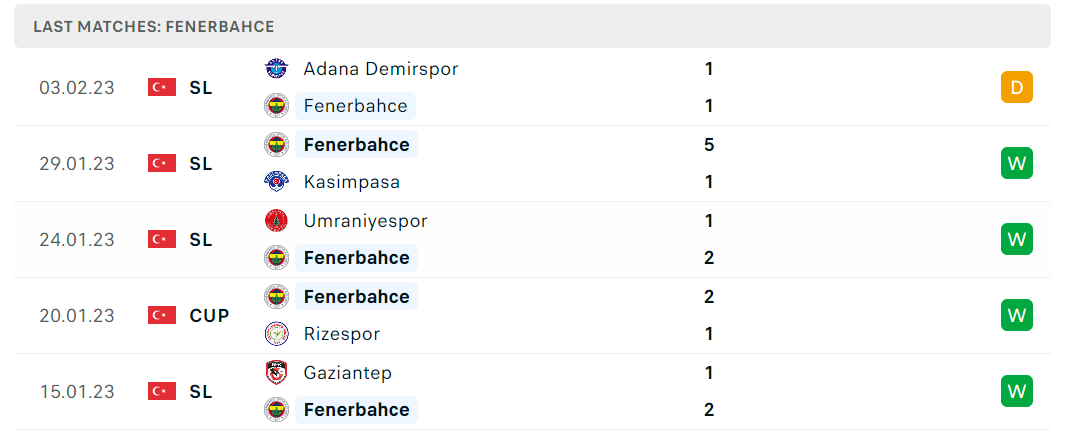 Phong độ và thành tích gần đây của đội Fenerbahce Phong độ và thành tích gần đây của đội Fenerbahce