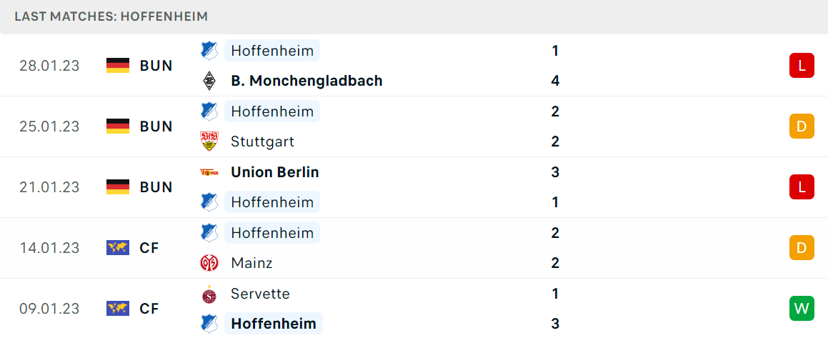 Phong độ và thành tích gần đây của đội Hoffenheim Phong độ và thành tích gần đây của đội Hoffenheim