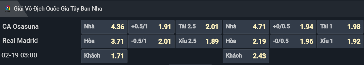Bảng tỷ lệ kèo cho cặp đấu Osasuna vs Real Madrid Bảng tỷ lệ kèo cho cặp đấu Osasuna vs Real Madrid