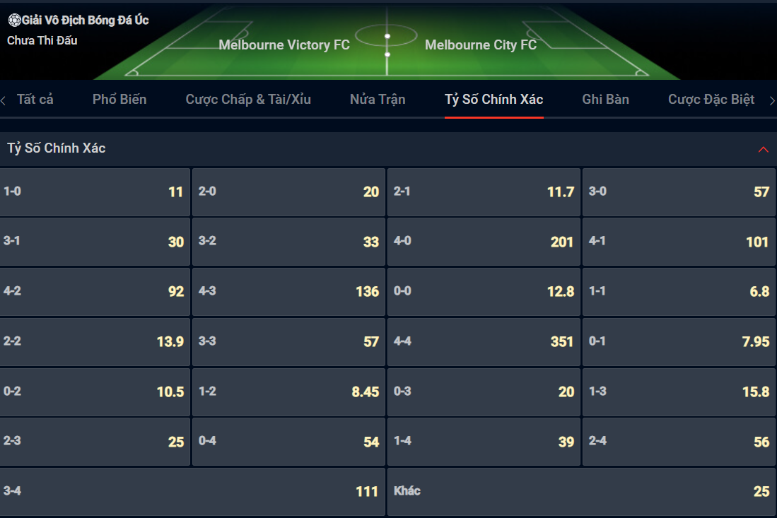 Bạn lựa chọn tỷ số nào cho cặp đấu giữa Melbourne Victory vs Melbourne City? Bạn lựa chọn tỷ số nào cho cặp đấu giữa Melbourne Victory vs Melbourne City?