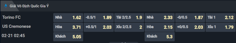 Bảng tỷ lệ kèo cho cặp đấu Torino vs Cremonese Bảng tỷ lệ kèo cho cặp đấu Torino vs Cremonese