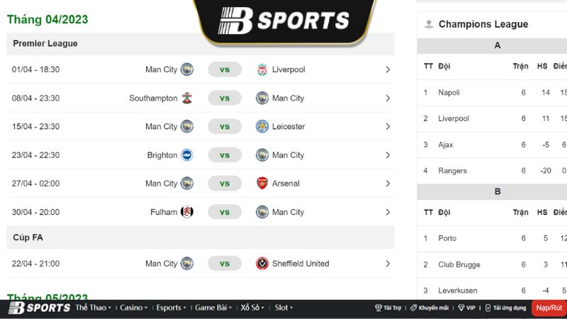 Cập nhật lịch thi đấu Man city tại Bsports Cập nhật lịch thi đấu Man city tại Bsports