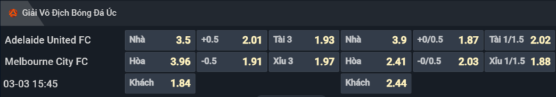 Bảng tỷ lệ kèo cho cặp đấu Adelaide United vs Melbourne City Bảng tỷ lệ kèo cho cặp đấu Adelaide United vs Melbourne City