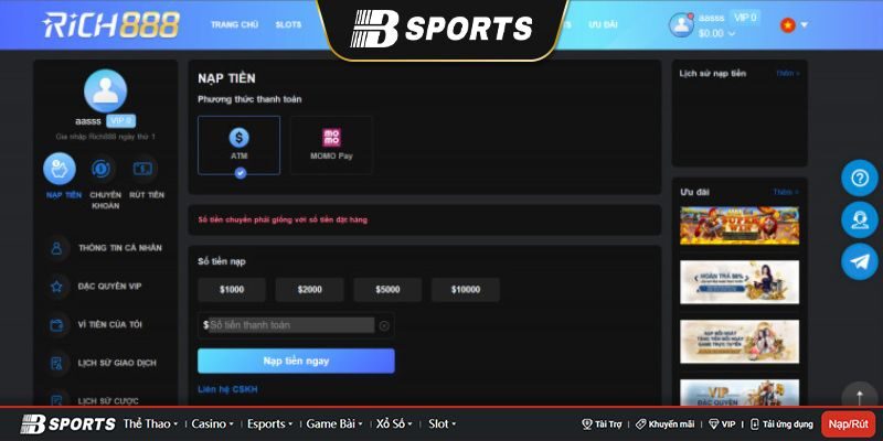 Hướng dẫn nạp tiền tại nhà cái Rich888 trong 2 phút Hướng dẫn nạp tiền tại nhà cái Rich888 trong 2 phút