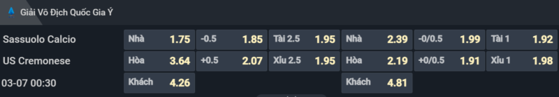 Bảng tỷ lệ kèo cho cặp đấu Sassuolo vs Cremonese Bảng tỷ lệ kèo cho cặp đấu Sassuolo vs Cremonese